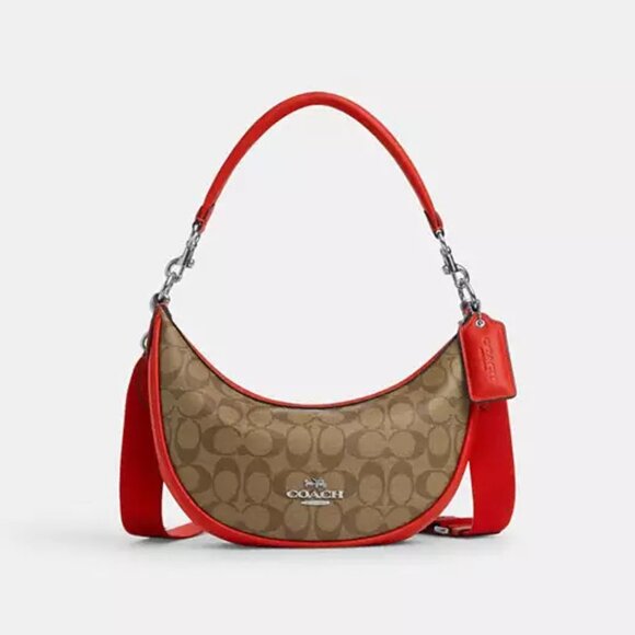 Coach Handbags - Coach Aria Signature Tan & Red Leather Shoulder Crossbody Bag #CR283